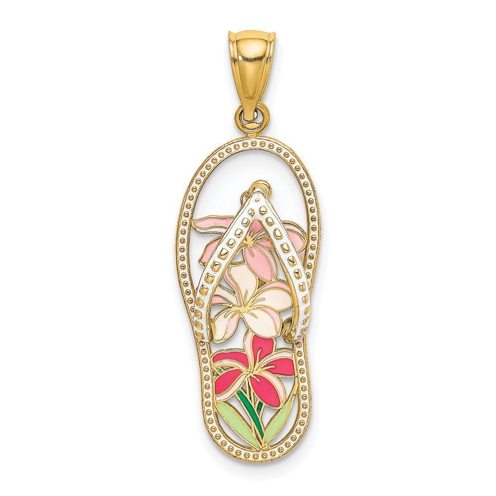 14K Gelbgold Charm „Flip-Flop" mit mehrfarbigem Blumen-Emaille
