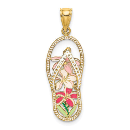 14K Gelbgold Charm „Flip-Flop" mit mehrfarbigem Blumen-Emaille