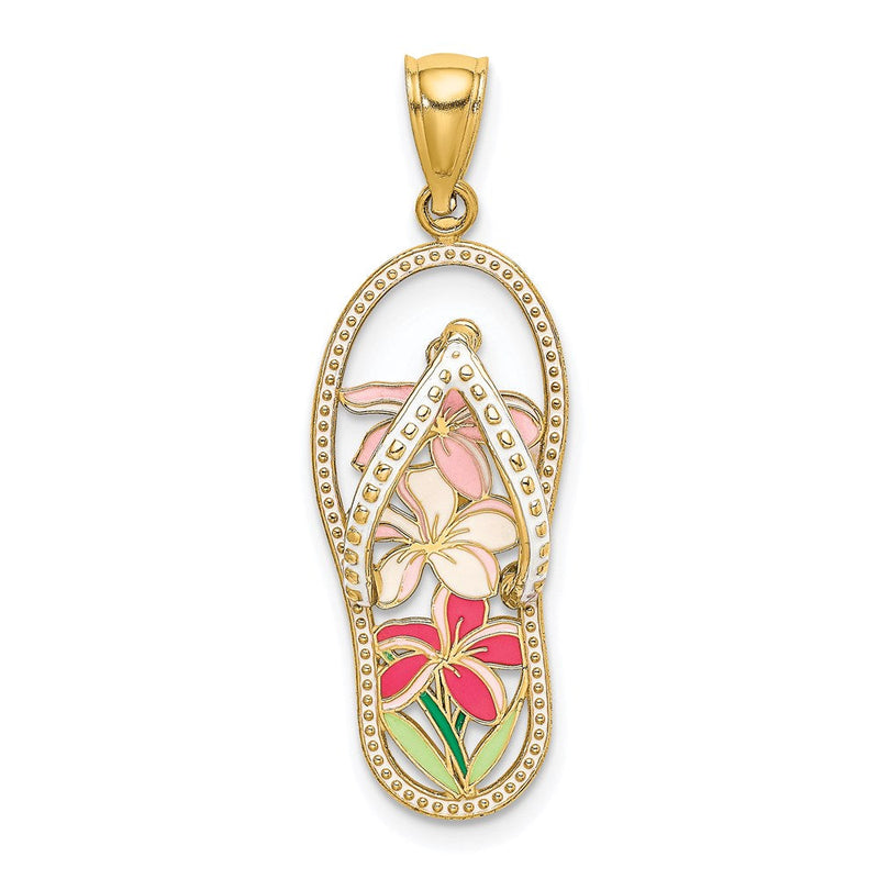 14K Gelbgold Charm „Flip-Flop" mit mehrfarbigem Blumen-Emaille