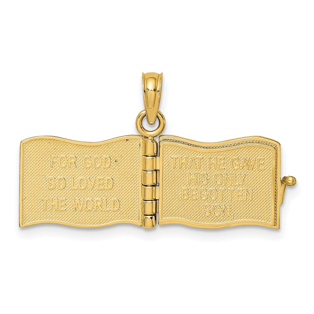 14K Gelbgold 3D-emaillierter „Johannes 3:16“-Buch-Charm mit beweglichen Seiten