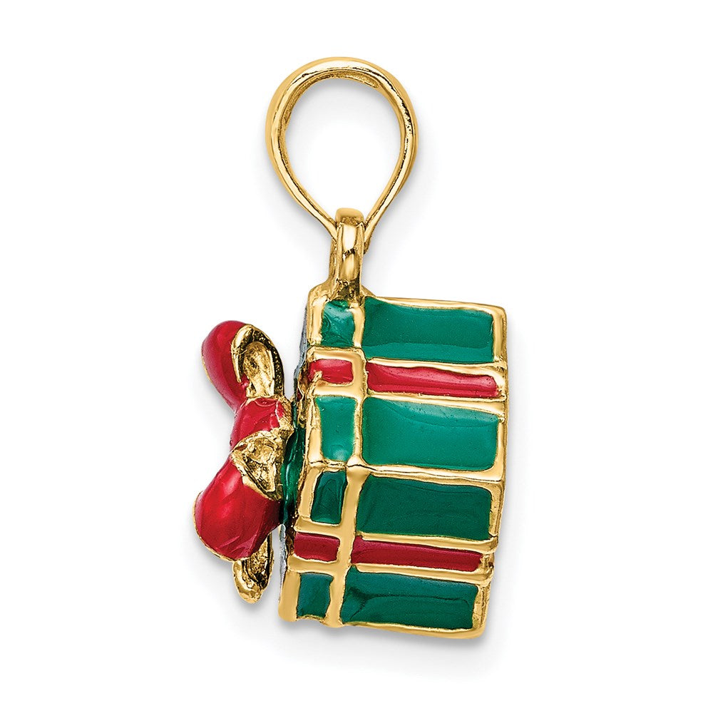 14K Gelbgold 3-D Charm Geschenkbox mit grüner Emaille und roter Schleife