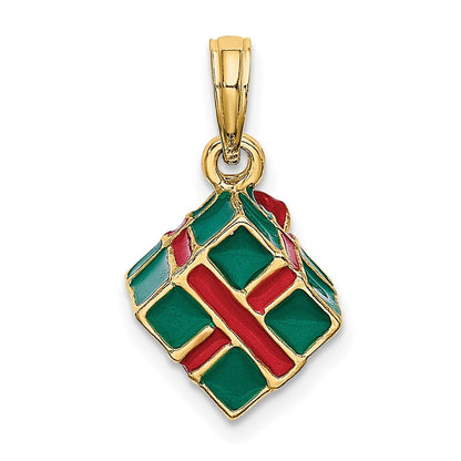 14K Gelbgold 3-D Charm Geschenkbox mit grüner Emaille und roter Schleife