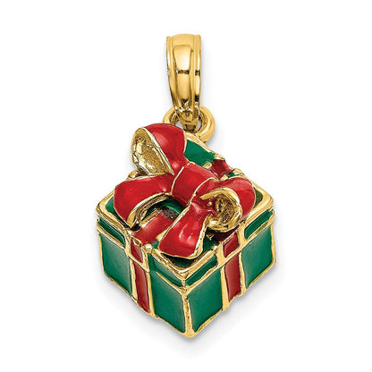 14K Gelbgold 3-D Charm Geschenkbox mit grüner Emaille und roter Schleife