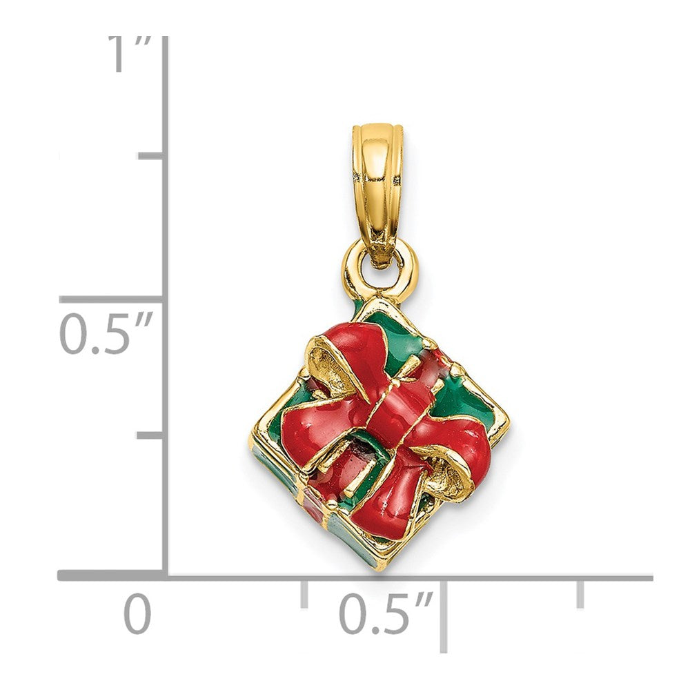 14K Gelbgold 3-D Charm Geschenkbox mit grüner Emaille und roter Schleife