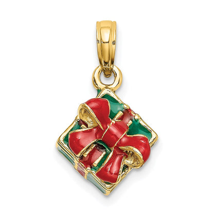 14K Gelbgold 3-D Charm Geschenkbox mit grüner Emaille und roter Schleife