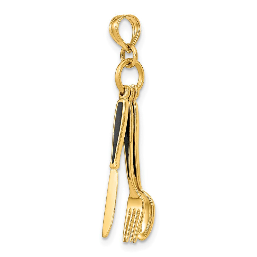 14K Gelbgold 3-D-Charm „Messer, Gabel, Löffel“ mit Emaille, beweglich