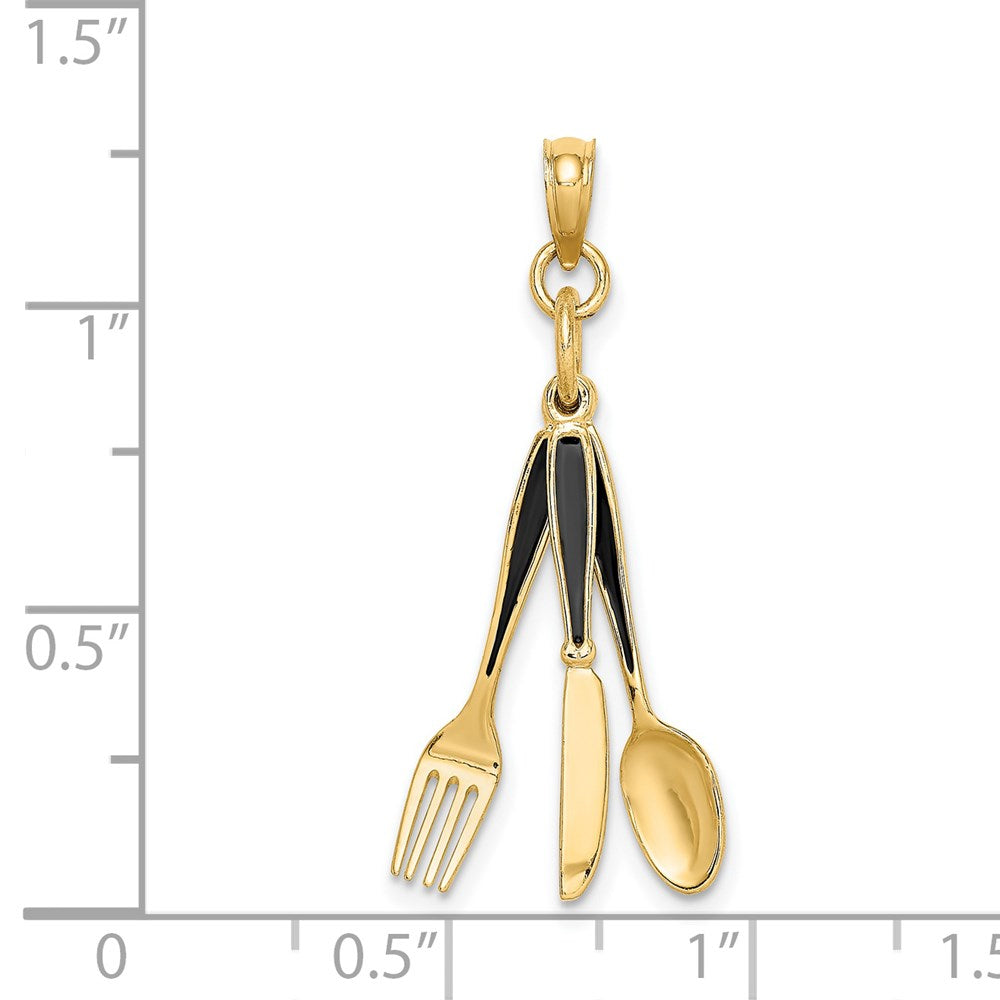 14K Gelbgold 3-D-Charm „Messer, Gabel, Löffel“ mit Emaille, beweglich