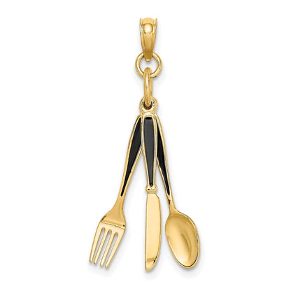14K Gelbgold 3-D-Charm „Messer, Gabel, Löffel“ mit Emaille, beweglich