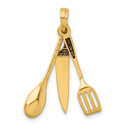 14K Gelbgold 3-D-Charm „Beweglicher Fleischermesser, Löffel und Spatel“ mit Emaille