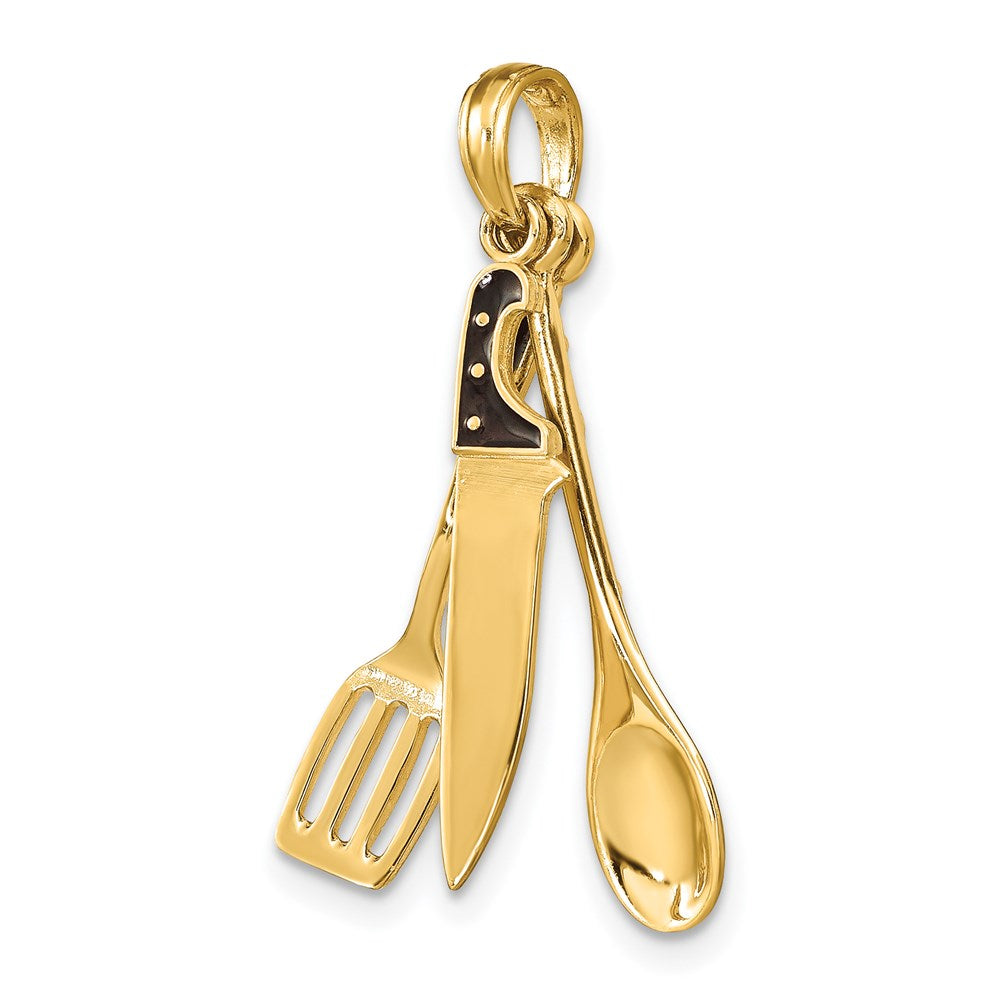 14K Gelbgold 3-D-Charm „Beweglicher Fleischermesser, Löffel und Spatel“ mit Emaille