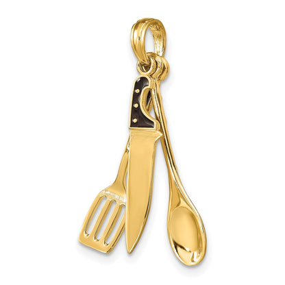 14K Gelbgold 3-D-Charm „Beweglicher Fleischermesser, Löffel und Spatel“ mit Emaille