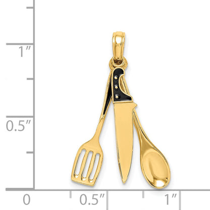 14K Gelbgold 3-D-Charm „Beweglicher Fleischermesser, Löffel und Spatel“ mit Emaille
