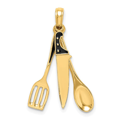 14K Gelbgold 3-D-Charm „Beweglicher Fleischermesser, Löffel und Spatel“ mit Emaille