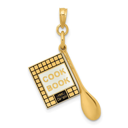 14k Gelbgold 3-D Kochbuch-Charm mit schwarzem Emaille und Löffel