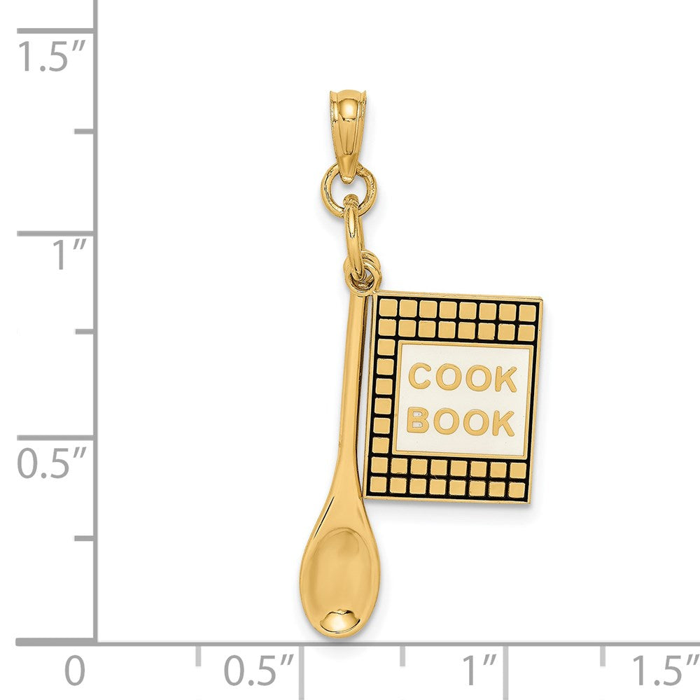 14k Gelbgold 3-D Kochbuch-Charm mit schwarzem Emaille und Löffel