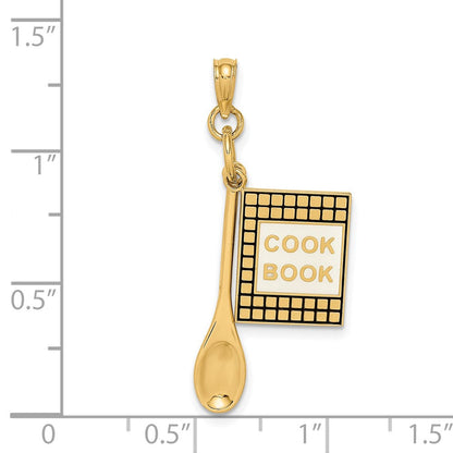 14k Gelbgold 3-D Kochbuch-Charm mit schwarzem Emaille und Löffel
