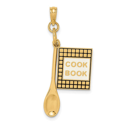 14k Gelbgold 3-D Kochbuch-Charm mit schwarzem Emaille und Löffel