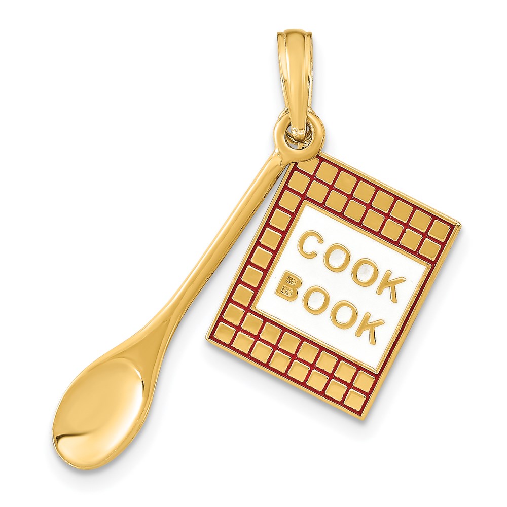 14K Gelbgold Charm mit Emaille, 3-D Kochbuch und Löffel