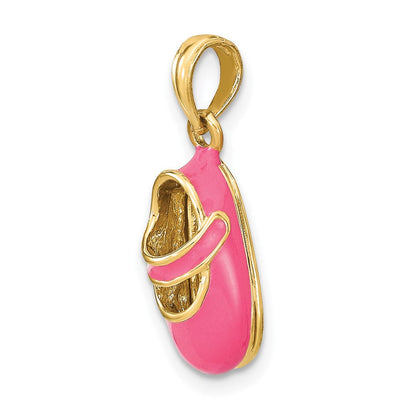 14K Gelbgold Charm mit rosa Emaille, dreidimensionaler Baby-Schuh