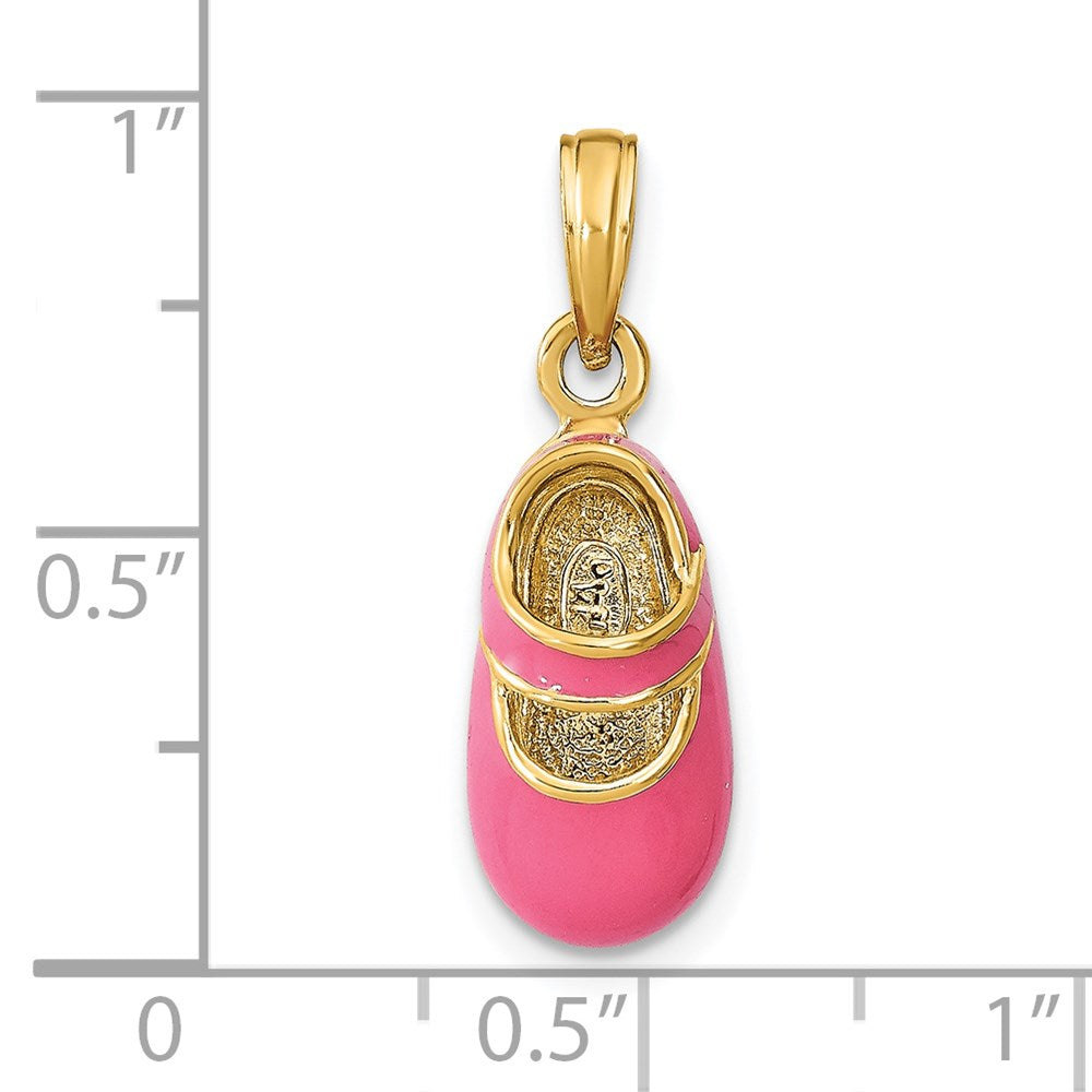 14K Gelbgold Charm mit rosa Emaille, dreidimensionaler Baby-Schuh