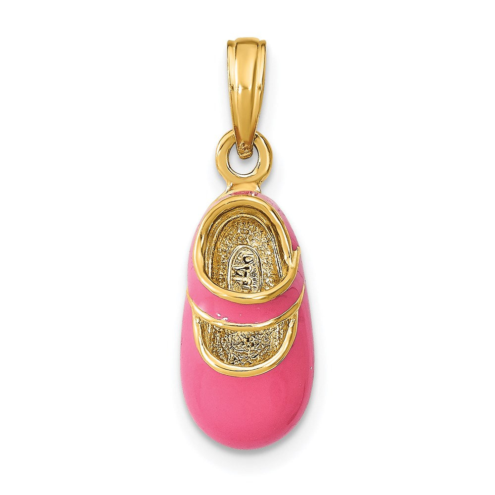 14K Gelbgold Charm mit rosa Emaille, dreidimensionaler Baby-Schuh