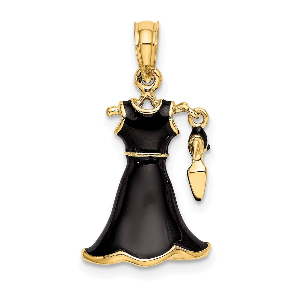 14K Gelbgold 3D-beweglicher Emaille-Kleid-Charm mit Schuh, schwarz