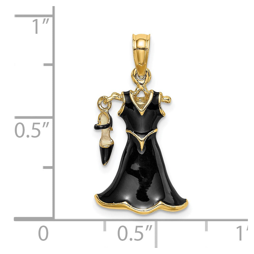 14K Gelbgold 3D-beweglicher Emaille-Kleid-Charm mit Schuh, schwarz