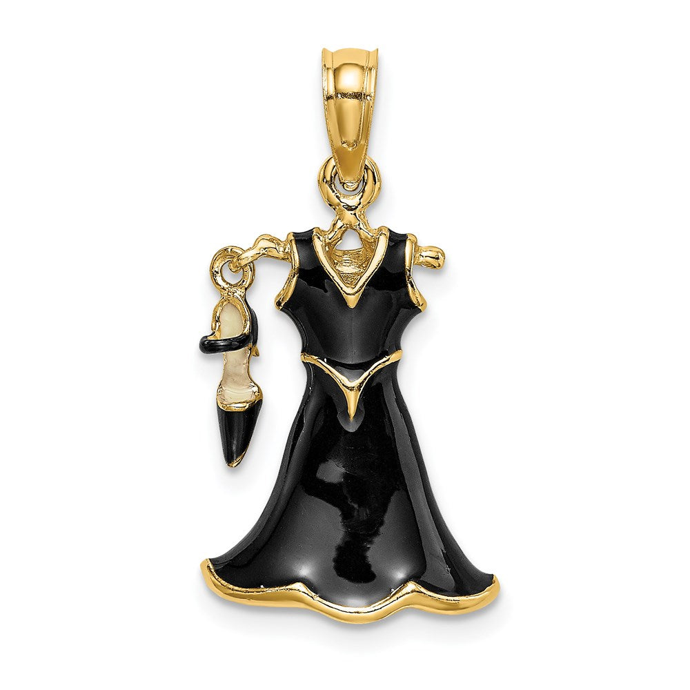 14K Gelbgold 3D-beweglicher Emaille-Kleid-Charm mit Schuh, schwarz