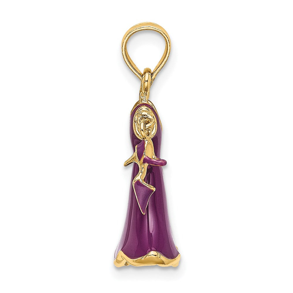 14k Gelbgold 3D-beweglicher Emaille-Kleid-Charm mit Schuh, lila
