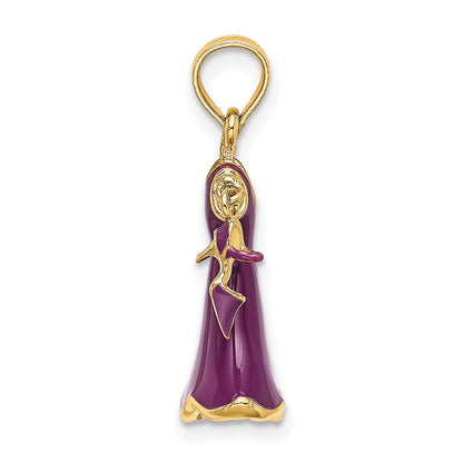 14k Gelbgold 3D-beweglicher Emaille-Kleid-Charm mit Schuh, lila