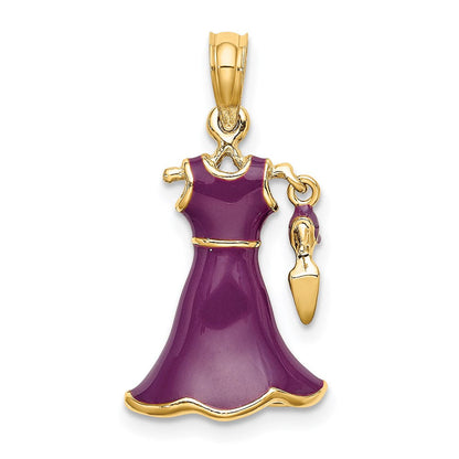 14k Gelbgold 3D-beweglicher Emaille-Kleid-Charm mit Schuh, lila