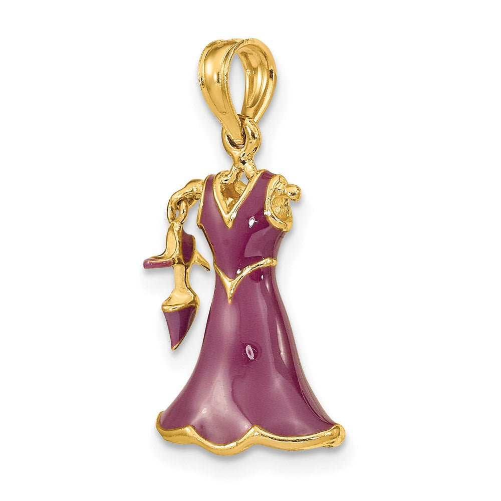 14k Gelbgold 3D-beweglicher Emaille-Kleid-Charm mit Schuh, lila