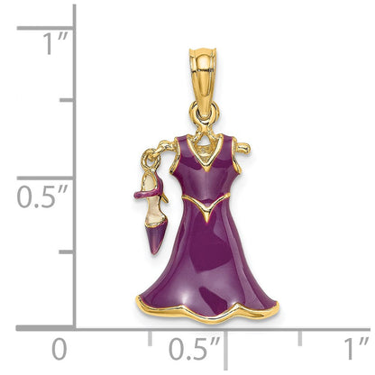 14k Gelbgold 3D-beweglicher Emaille-Kleid-Charm mit Schuh, lila