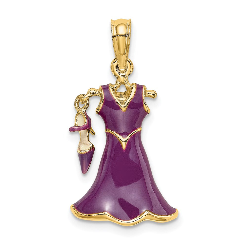 14k Gelbgold 3D-beweglicher Emaille-Kleid-Charm mit Schuh, lila