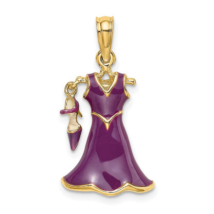 14k Gelbgold 3D-beweglicher Emaille-Kleid-Charm mit Schuh, lila