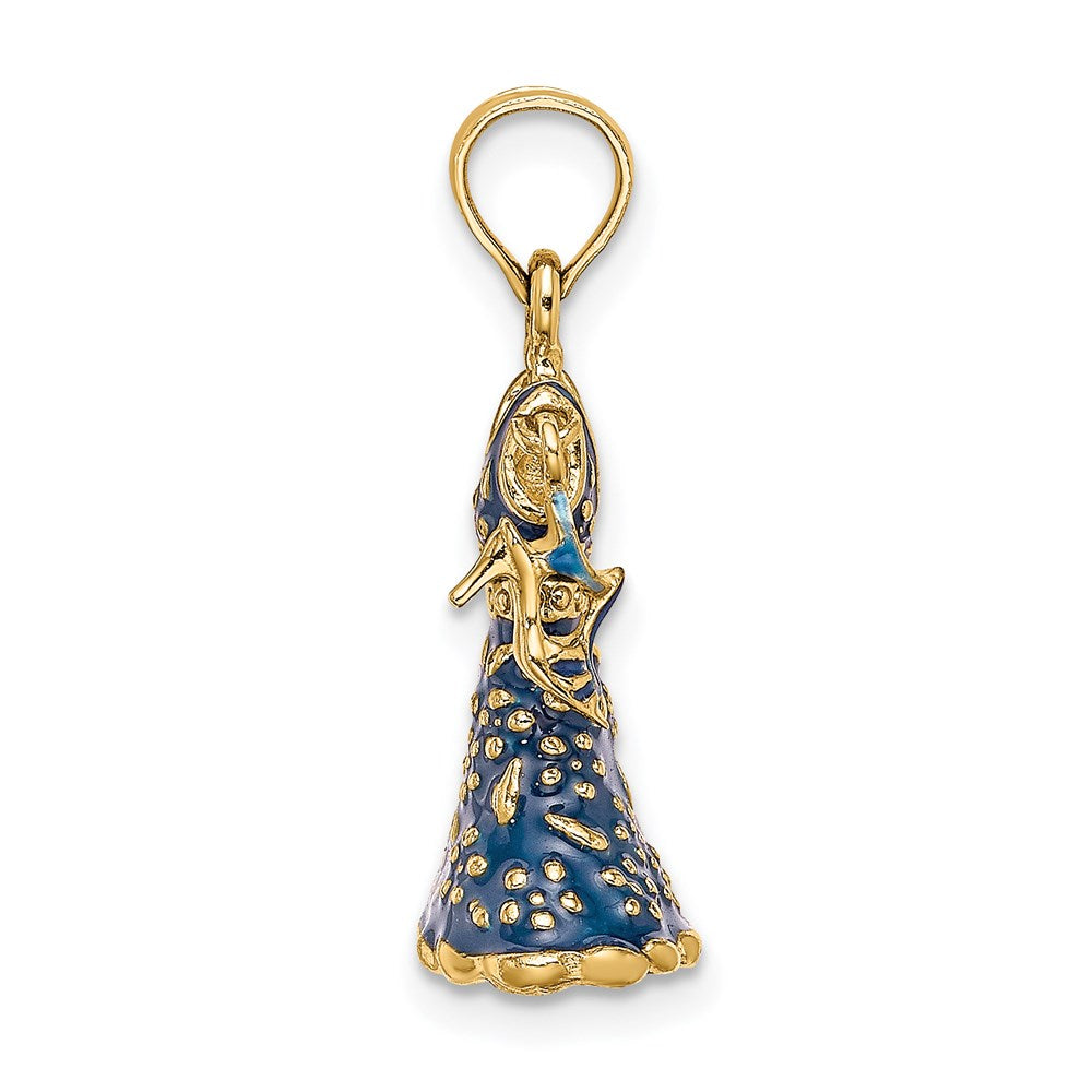 14 Karat Gelbgold 3D-beweglicher Emaille-Charm „Blaues Blumenkleid mit Schuh“