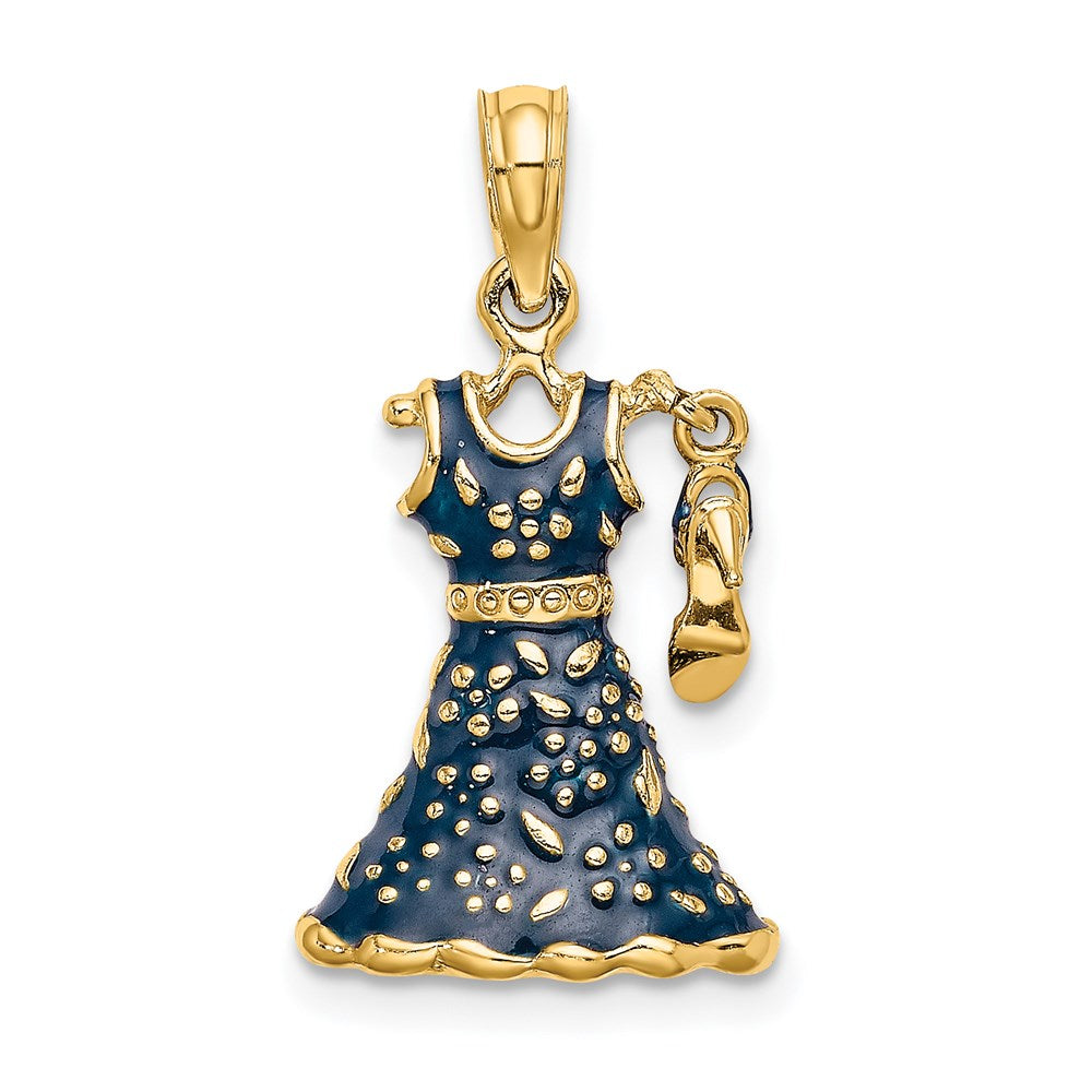 14 Karat Gelbgold 3D-beweglicher Emaille-Charm „Blaues Blumenkleid mit Schuh“