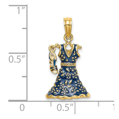 14 Karat Gelbgold 3D-beweglicher Emaille-Charm „Blaues Blumenkleid mit Schuh“