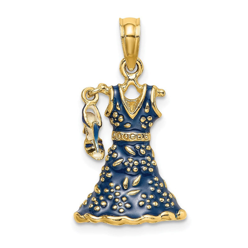 14 Karat Gelbgold 3D-beweglicher Emaille-Charm „Blaues Blumenkleid mit Schuh“