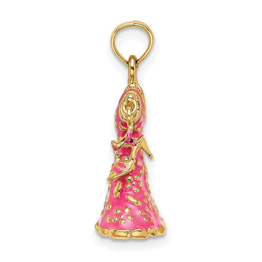 14K Gelbgold 3-D beweglicher Emaille-Charm „Kleid mit Schuh“ mit rosa Blumenmuster