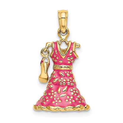 14K Gelbgold 3-D beweglicher Emaille-Charm „Kleid mit Schuh“ mit rosa Blumenmuster