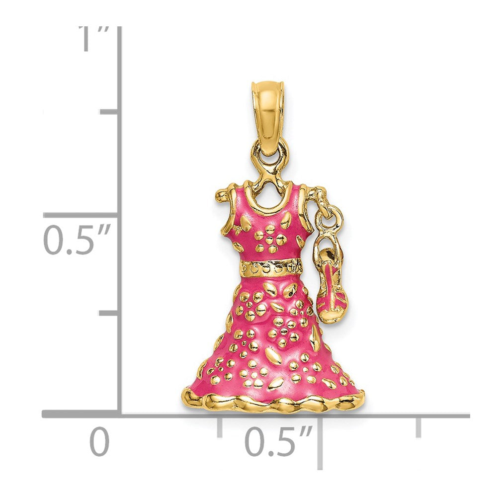 14K Gelbgold 3-D beweglicher Emaille-Charm „Kleid mit Schuh“ mit rosa Blumenmuster