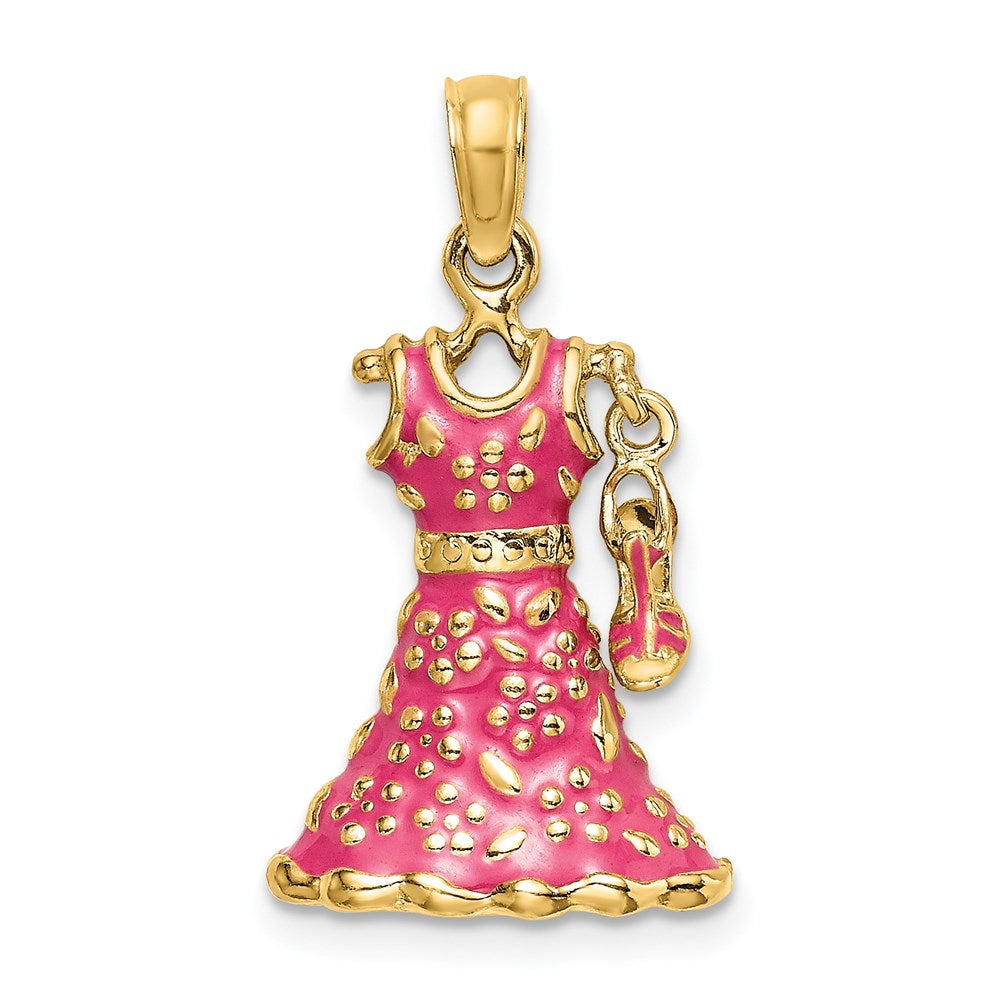 14K Gelbgold 3-D beweglicher Emaille-Charm „Kleid mit Schuh“ mit rosa Blumenmuster