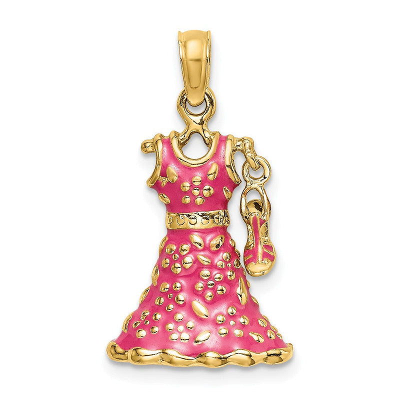 14K Gelbgold 3-D beweglicher Emaille-Charm „Kleid mit Schuh“ mit rosa Blumenmuster