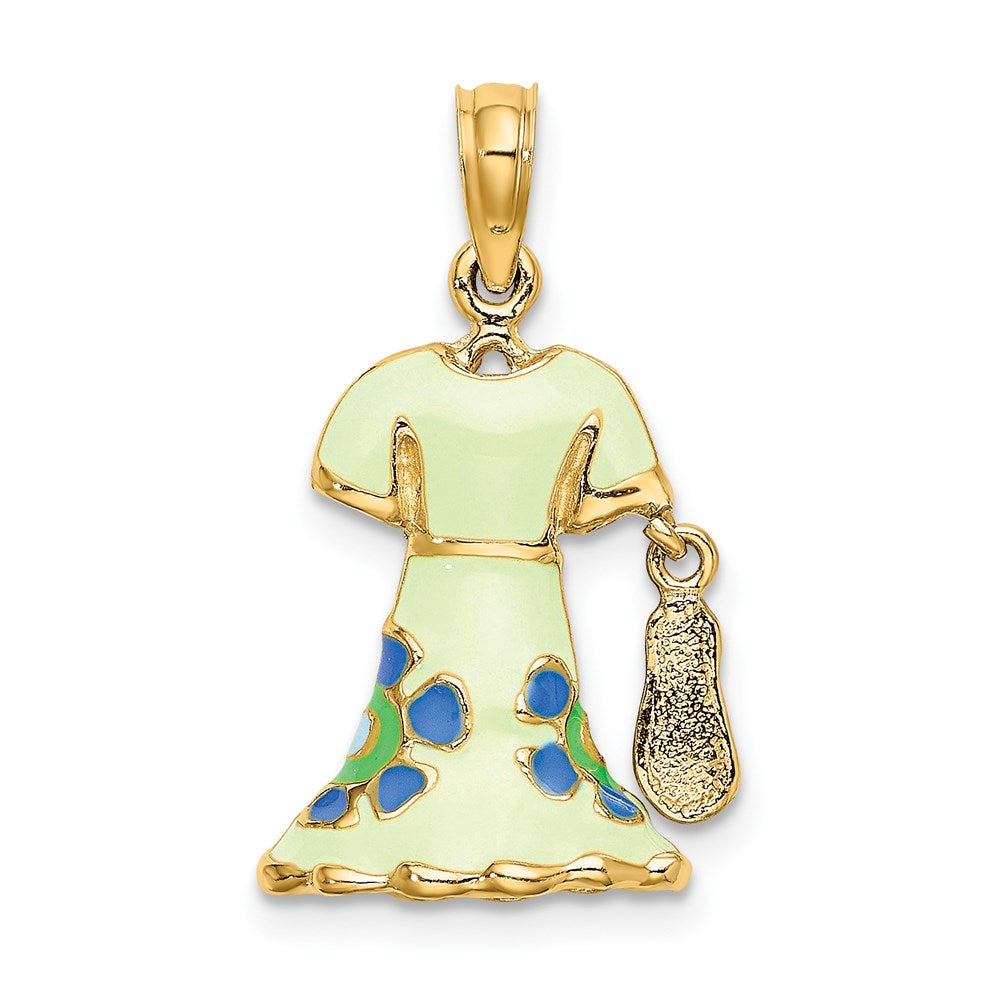 14K Gelbgold 3-D beweglicher Emaille-Kleid-Charm mit Blumenmuster in Minzgrün und Flip-Flops