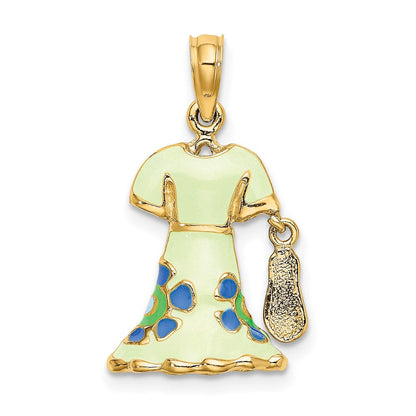 14K Gelbgold 3-D beweglicher Emaille-Kleid-Charm mit Blumenmuster in Minzgrün und Flip-Flops