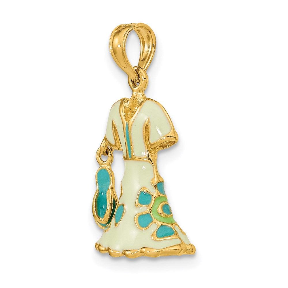 14K Gelbgold 3-D beweglicher Emaille-Kleid-Charm mit Blumenmuster in Minzgrün und Flip-Flops