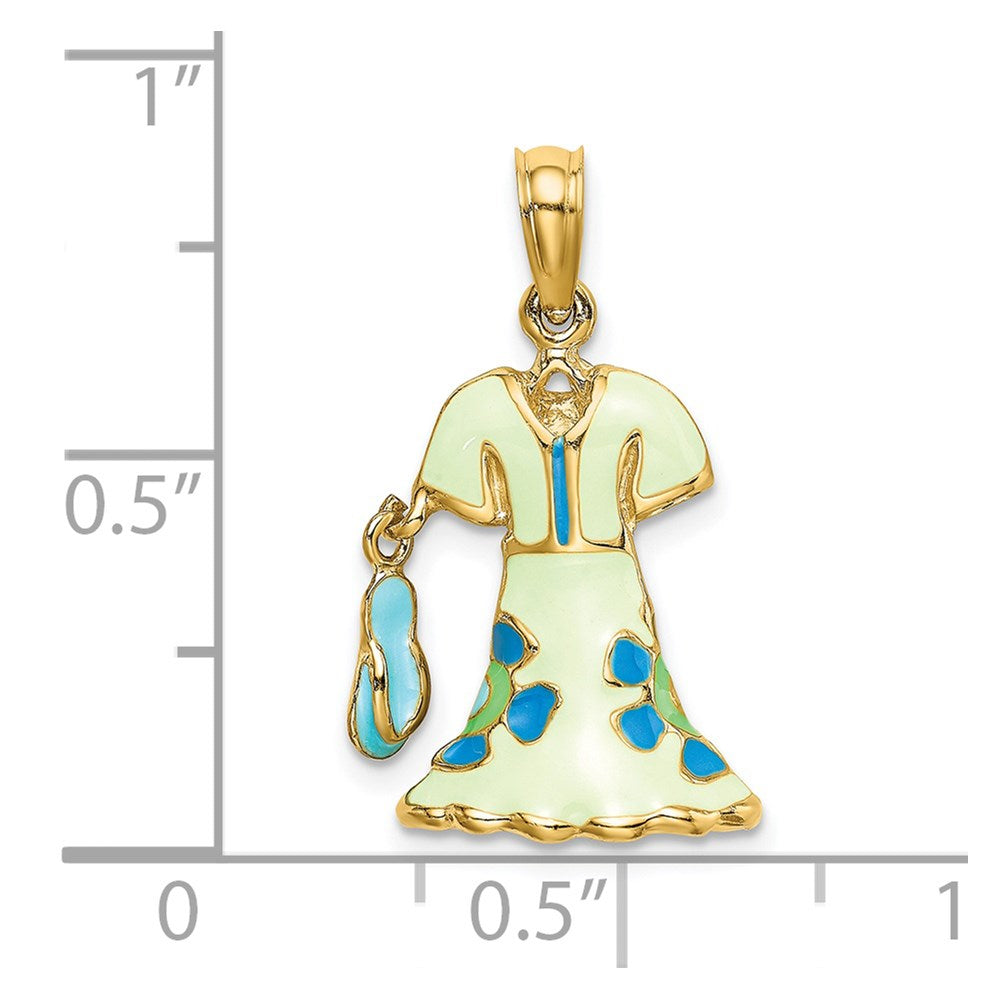 14K Gelbgold 3-D beweglicher Emaille-Kleid-Charm mit Blumenmuster in Minzgrün und Flip-Flops