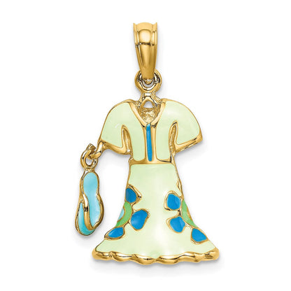 14K Gelbgold 3-D beweglicher Emaille-Kleid-Charm mit Blumenmuster in Minzgrün und Flip-Flops