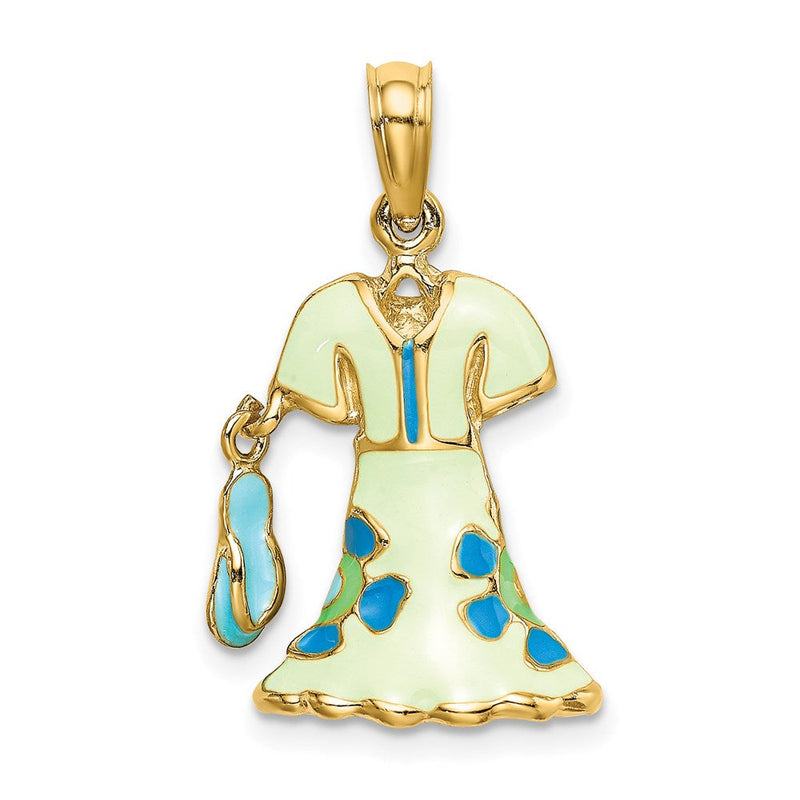 14K Gelbgold 3-D beweglicher Emaille-Kleid-Charm mit Blumenmuster in Minzgrün und Flip-Flops
